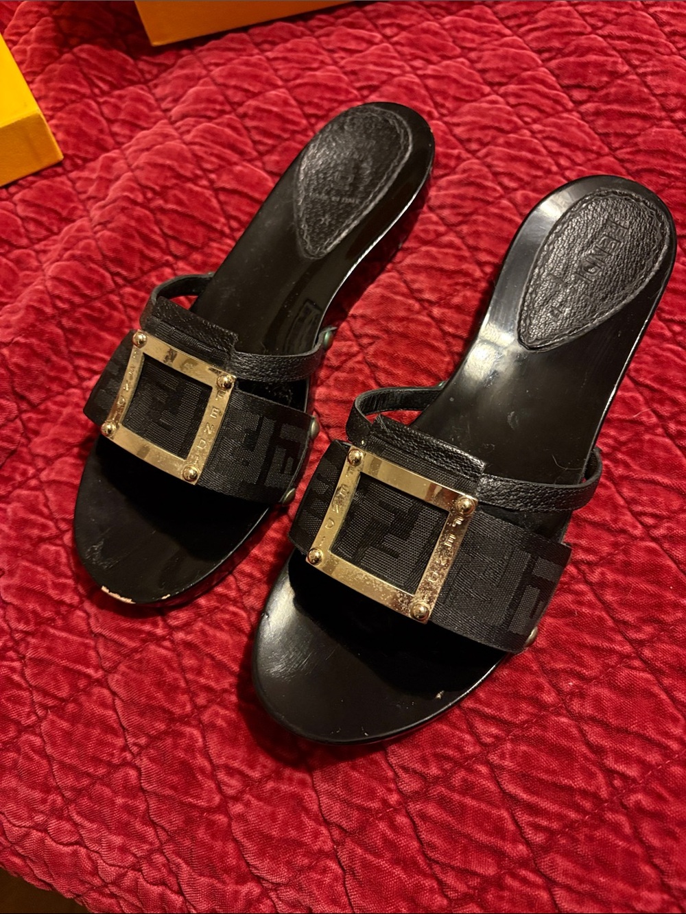Fendi Black Slide Sandals with Gold Buckle